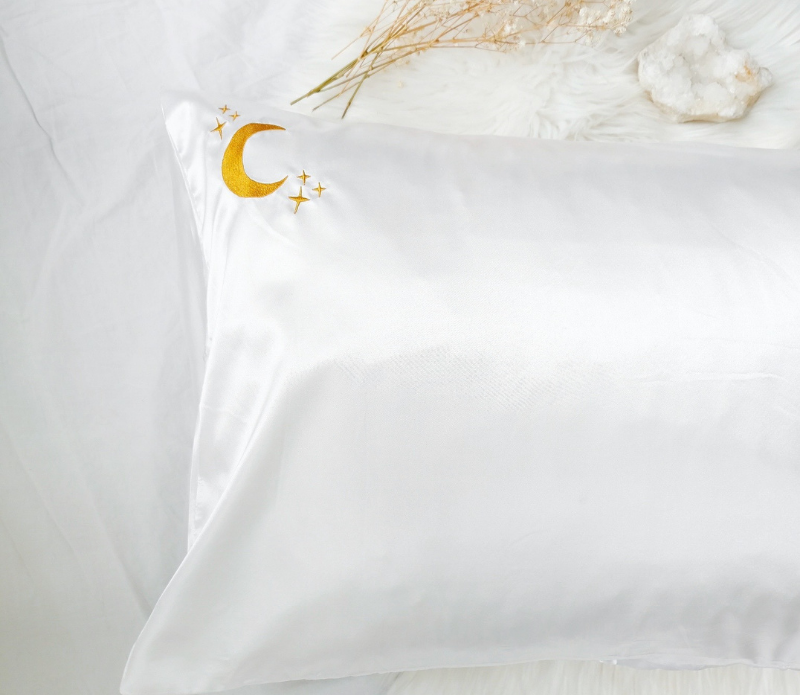 Crystal Dreams Pillowcase  Cosmic Sleep Moon Pink Vegan Silk: Rose Quartz