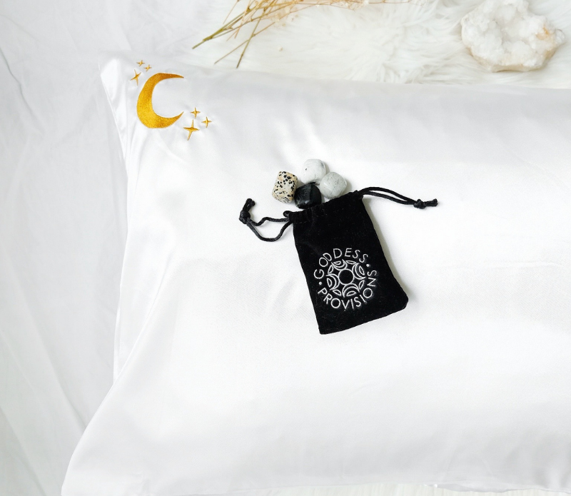 Crystal Dreams Pillowcase  Cosmic Sleep Moon Pink Vegan Silk: Rose Quartz