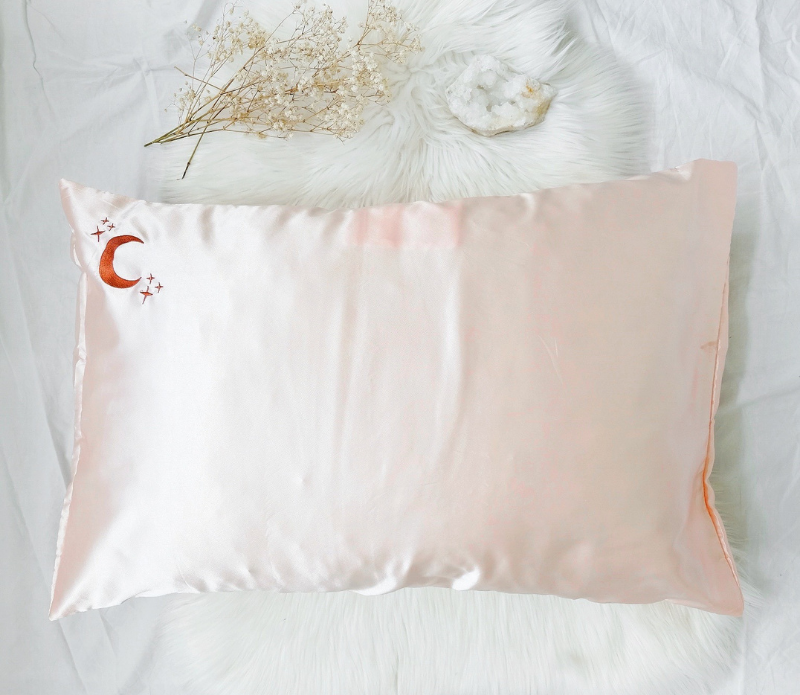 Crystal Dreams Pillowcase  Cosmic Sleep Moon Pink Vegan Silk: Rose Quartz